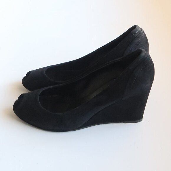 J. Crew Black Suede Leather Peep Toe Wedge Heel Sandals / Dress Shoes Size 8 - Picture 10 of 15